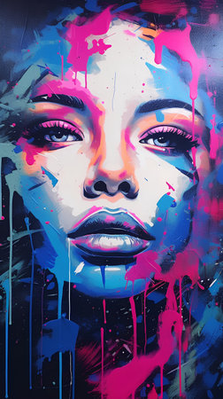 Portrait of a beautiful girl with bright make-up and colorful spray paint.の素材