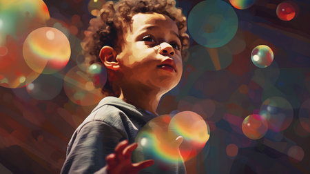 Little boy playing with soap bubbles and rainbow bokeh background.の素材