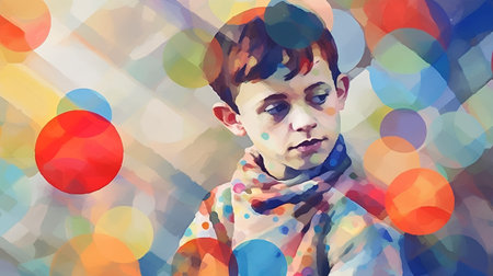 Abstract portrait of a boy with painted eggs. Digital watercolor painting.の素材