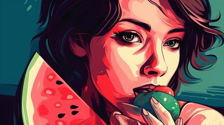 Illustration of a young woman eating a slice of watermelon.の素材