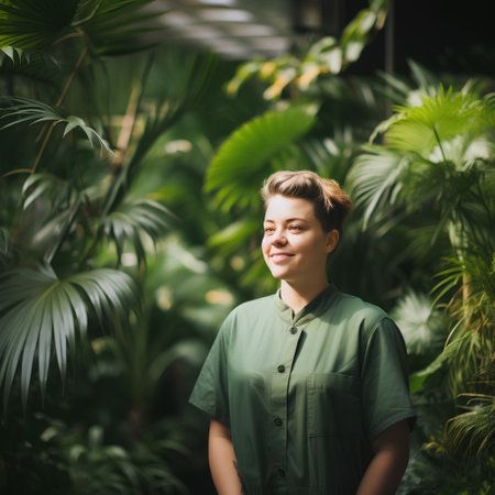 Portrait of smiling female florist standing among tropical plants in greenhouseの素材