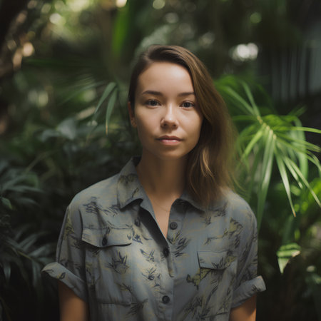 Portrait of a beautiful young woman in a green tropical garden.の素材