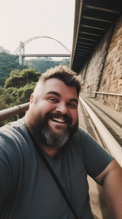 Handsome bearded man taking a selfie on the bridge over the riverの素材
