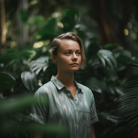 Portrait of a beautiful young woman in a tropical garden. Selective focus.の素材