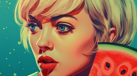 Fashion girl with watermelon. Pop art retro style portrait.の素材