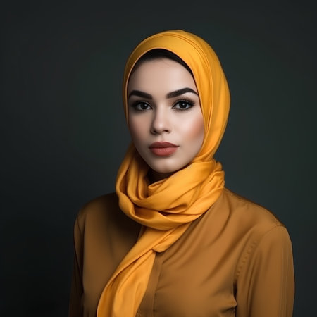 Portrait of a beautiful muslim woman in yellow hijab on dark backgroundの素材