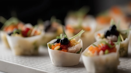 Canapes with salmon, caviar and cream cheese, selective focusの素材