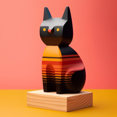 3d illustration of a black cat sitting on a wooden platform.の素材