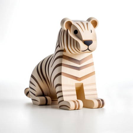 Wooden toy tiger on a white background. 3d rendering.の素材