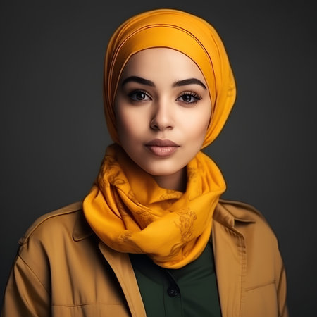 Portrait of a beautiful muslim woman wearing hijab, studio shotの素材