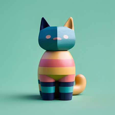 colorful wooden toy cat on a green background, 3d illustrationの素材
