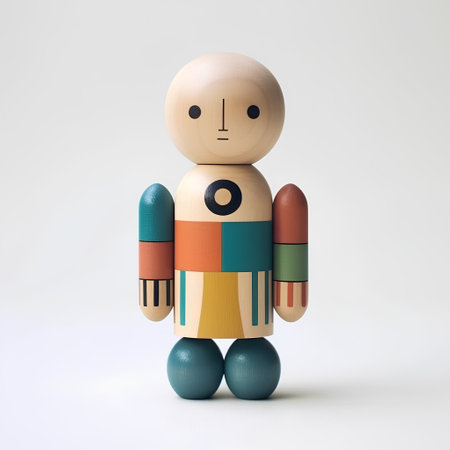 Wooden doll with rocket isolated on white background. 3d illustration.の素材