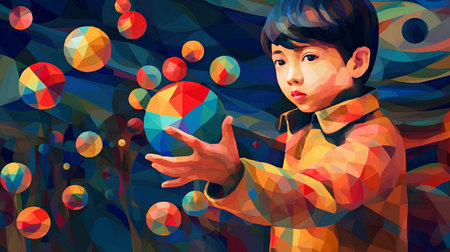 Vector illustration of a boy on a background of multicolored bubblesの素材