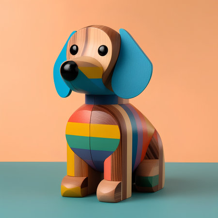 Wooden dog with colorful stripes. 3D rendering. Minimal style.の素材