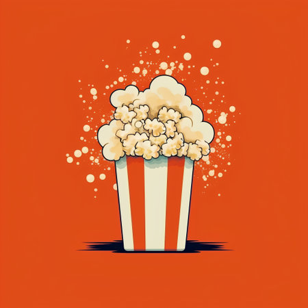 Popcorn in striped bucket on orange background. Cinema vector illustration.の素材