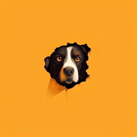 Dog peeking out of hole in orange background. Vector illustration.の素材