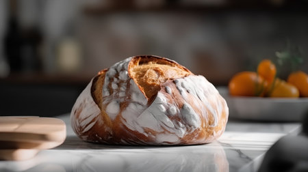Freshly baked bread on the table in the kitchen. Selective focus.の素材