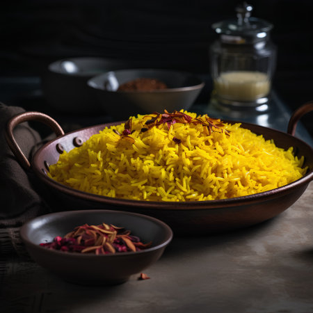 Traditional Indian yellow rice in a clay bowl. Selective focus.の素材