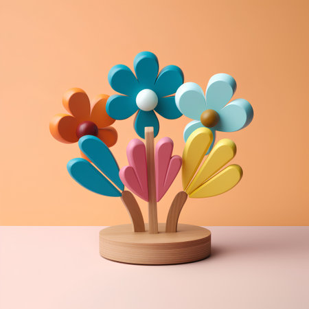 3d render of colorful flowers in wooden vase on orange backgroundの素材