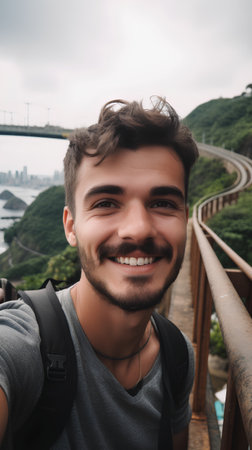 Portrait of a handsome young man smiling on the bridge in the mountainsの素材