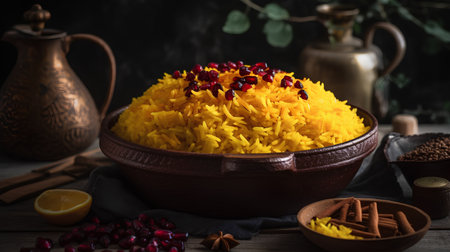 Yellow rice with pomegranate seeds and spices on a wooden background. Selective focus.の素材