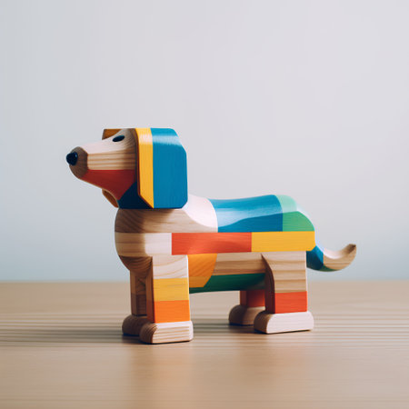Colorful wooden toy dog on the wooden table over blue background.の素材