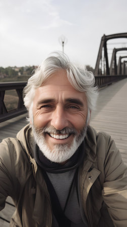 Portrait of smiling senior man with gray hair standing on wooden bridgeの素材
