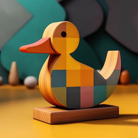 Wooden duck toy on a yellow background, 3d render.の素材