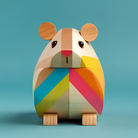 Wooden hamster with colorful stripes on a blue background. 3d renderingの素材