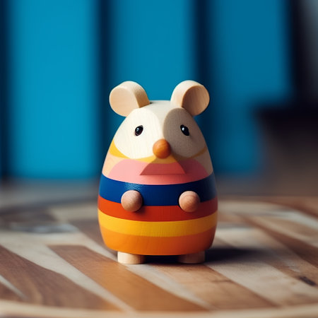 Cute wooden mouse toy on a wooden table in the living roomの素材