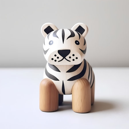 Wooden toy tiger on a white background. Place for text.の素材