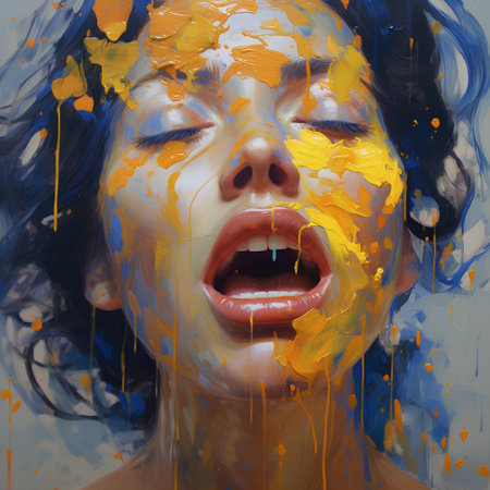 Portrait of a beautiful girl with yellow paint on her face.の素材