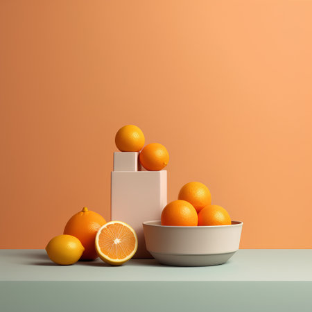 Orange fruit in a white bowl and oranges in a paper box on a table. 3d renderingの素材