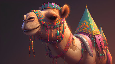 Camel head with colorful bohemian decoration. 3D renderingの素材