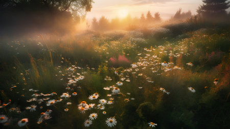 Summer meadow with chamomile flowers at sunrise. Nature composition.の素材