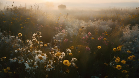 Sunset in the meadow with wildflowers and fog.の素材
