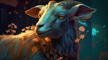 3d rendering of a ram in a fantasy forest with flowers.の素材