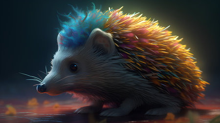 Hedgehog with colorful hair on dark background. 3D renderingの素材