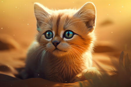 Funny ginger kitten with blue eyes on a background of golden sunsetの素材