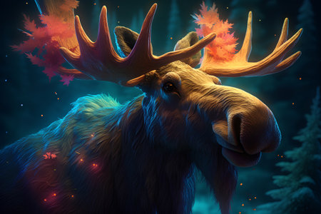 Moose in the forest with fire effect. 3D illustration.の素材