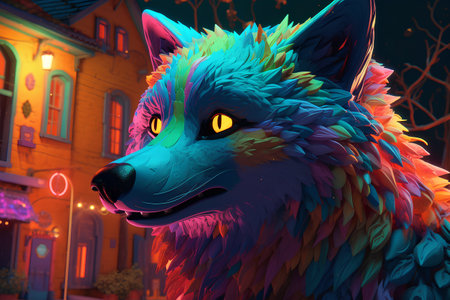 Portrait of a wolf on the background of the night city.の素材