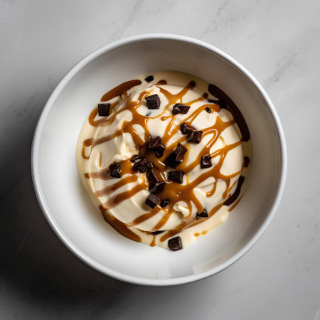 Creamy vanilla pudding with caramel sauce and chocolate chips in a white bowl, top view.の素材