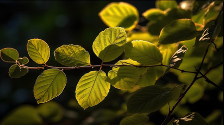 Green leaves on a branch in the sunlight. Natural background with copy space.の素材