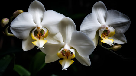 Beautiful white orchid on a black background. Close-up.の素材