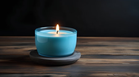 Candle on a wooden table in front of a dark background.の素材