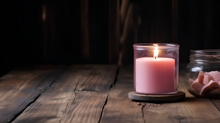Candle on a wooden table with copy space for your text.の素材