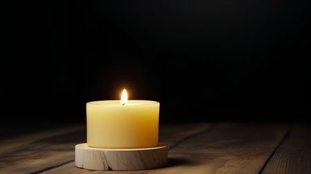 Burning candle on a wooden table on a black background with copy spaceの素材