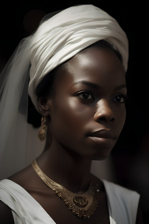 Beautiful african american woman in white dress and turbanの素材