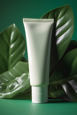 cosmetic bottle with green leaves on green background, 3d renderの素材