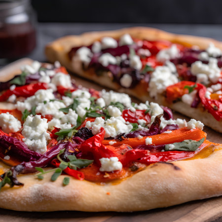 Homemade pizza with vegetables and feta cheese on a dark backgroundの素材